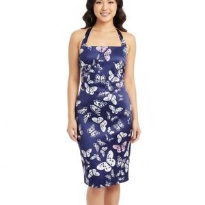 Karen Millen NWT Butterfly Print Satin Halterneck Wiggle Pencil Dress Size 10